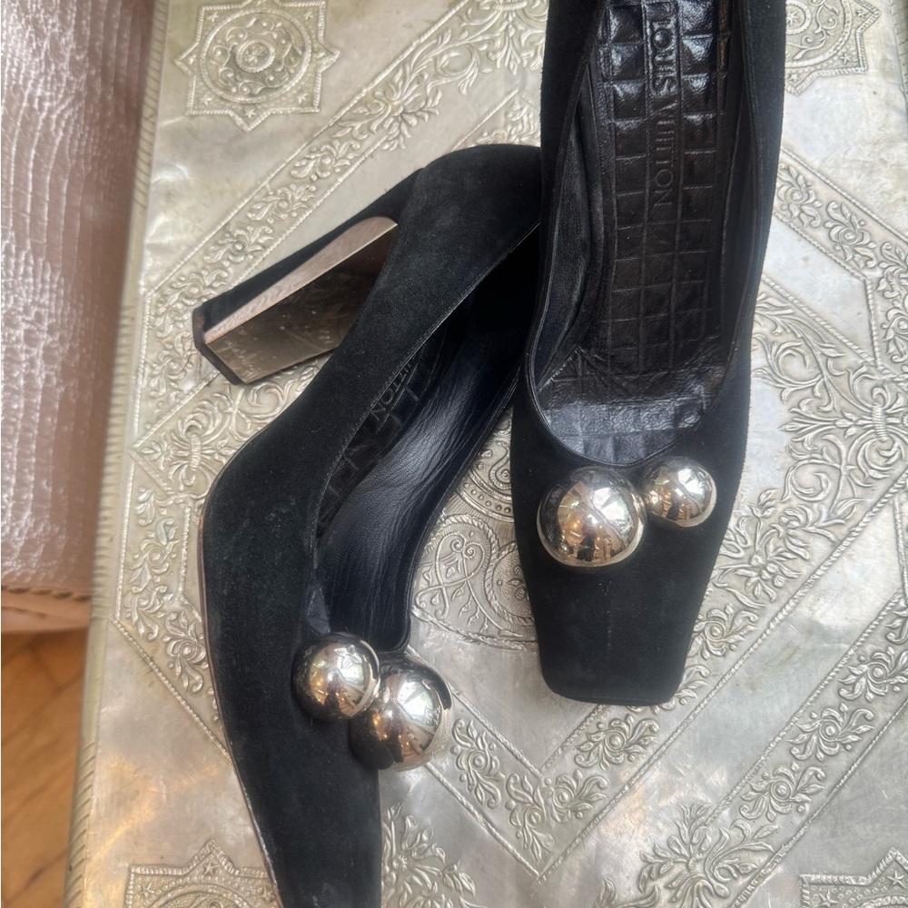 Louis Vuitton Black and Silver Heels with Square Toe.